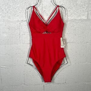 Jessica Simpson Pretty in Pique Twist Front One Piece Swimsuit red Medium